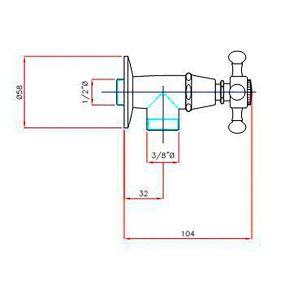 Technische Zeichnung eines Eckventils mit Kreuzgriff, Anschluss 1/2 Zoll, Abgang 3/8 Zoll, Gesamtlänge 104 Millimeter.