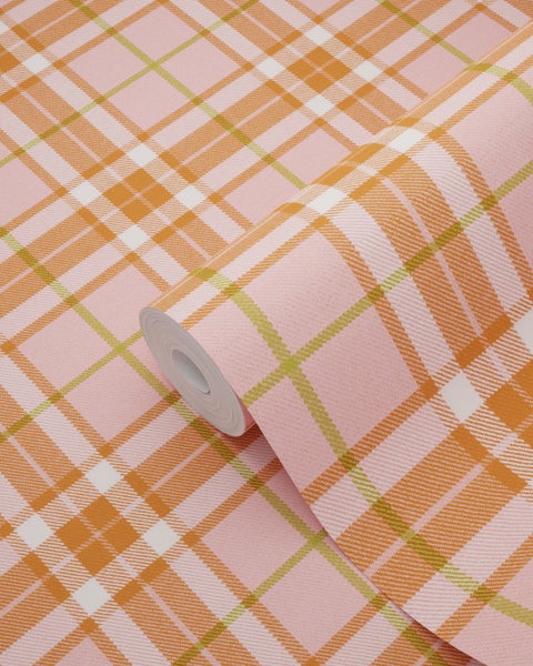 Vliestapete mit Karomuster in Rosa, Orange und Grün, Tapetenrolle