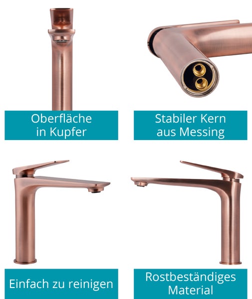 Calmwaters® Eckige Waschtischarmatur Industrial, Wasserhahn Bad, Waschbeckenarmatur mit Schaftventil, Einhebelmischer mit Keramikkartusche, mittelhohe Badarmatur, Messing, Kupfer, 14PZ5441