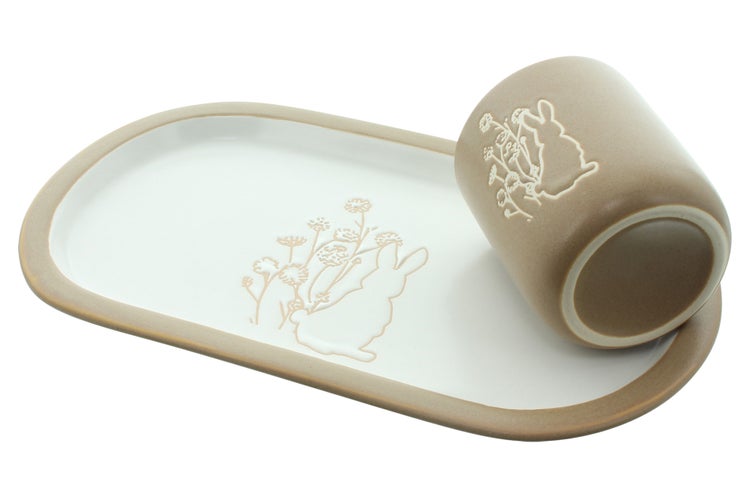 FRANK FLECHTWAREN|Geschirrset Frühlingshäschen, 2tlg., Teller 26 x 15 cm, Becher Ø 7 x 8 cm, Füllmenge ca. 200 ml, KERAMIK