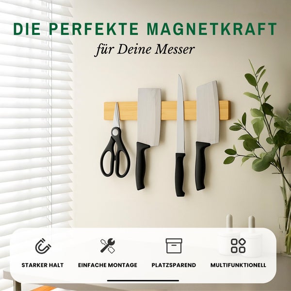 Magnetische Messerleiste aus Holz mit Schere und Messern. Symbole für starken Halt, einfache Montage, Platzersparnis und Multifunktionalität.