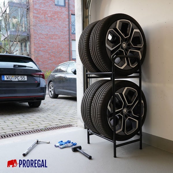 PROREGAL Reifenregal CARRERO HxBxT 104x55x40cm, bis zu 4 Reifen auf 2 Ebenen, Schwarz