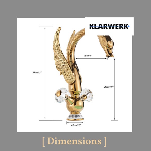 Klarwerk Schwanenwaschtischarmatur in Goldoptik mit Maßangaben und Kristallgriffen für Badezimmer.