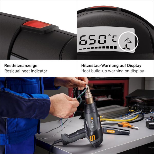 Steinel Heißluftgebläse bei der Arbeit mit Resthitzeanzeige und Hitzestau-Warnung auf dem digitalen Display bei 650 Grad Celsius.