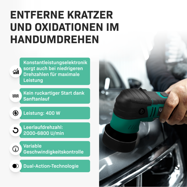 VONROC Dual Action Poliermaschine Auto Set elektrisch - Auto Zubehör Politur zum Kratzer entfernen, Autopflege Set - Variable Geschwindigkeit, 400W, 50-75MM inkl. 2xTräger & 8xPads