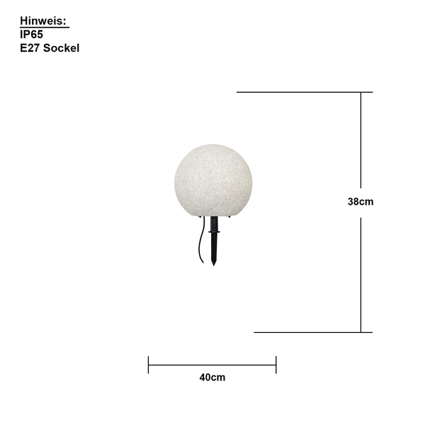 Gartenleuchte mit Kugelform und Erdspieß, Abmessungen 40 mal 38 Zentimeter