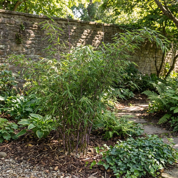 Gartenbambus mit dunklen Halmen und grünen Blättern in einem bepflanzten Gartenbeet vor einer Steinmauer.