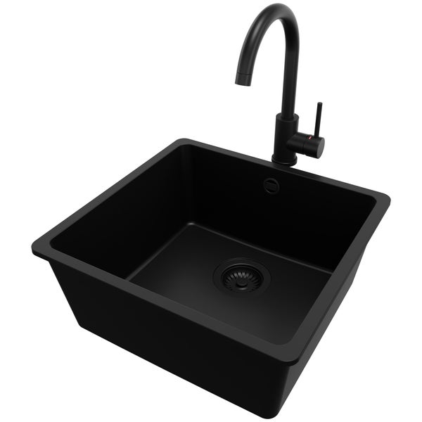 PRIMAGRAN Granitspüle Alles Schwarz 46x44cm, Spülbecken 1 Becken + Küchenarmatur 32x20cm + Ablauf-Set, Küchenspüle ab 50er Unterschrank - Venedig Slim Easy