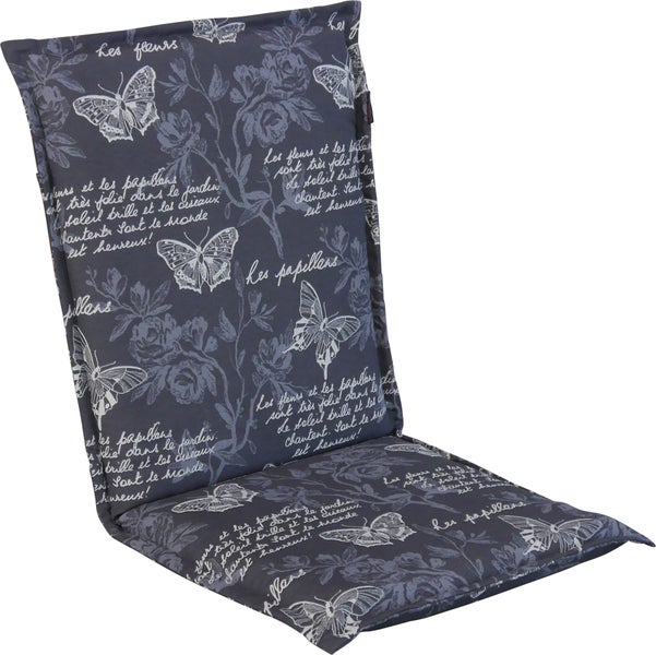Hochlehner-Gartenstuhlauflage mit Schmetterlings- und Blumenmuster sowie französischem Schriftzug.