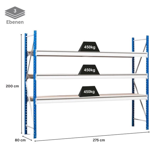 PROREGAL Weitspannregal Maximus Pro Grundregal HxBxT 200 x 275 x 80 cm 3 Ebenen Spanplatten Fachboden Fachlast 450 kg Lichtblau & Lichtgrau