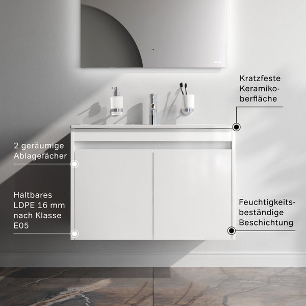 Waschtisch mit zwei geräumigen Ablagefächern, kratzfester Keramikoberfläche und feuchtigkeitsbeständiger Beschichtung aus haltbarem LDPE 16 mm nach Klasse E05