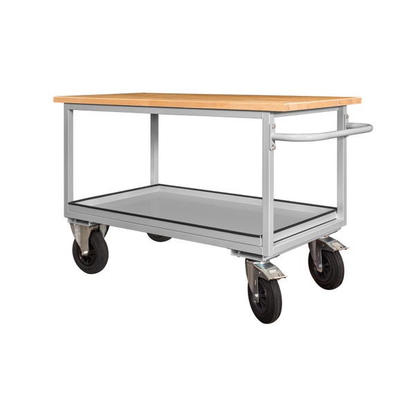 PROREGAL Mobile Werkbank mit 2 Etagen und Schiebegriff | HxBxT 82,7x130x60cm | Lichtgrau | Werkstattwagen, Transport