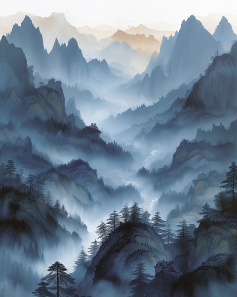 Gemälde einer Berglandschaft mit Bäumen und Nebel