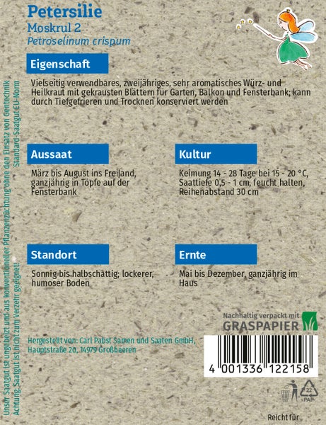 Rückseite der Samentüte für Petersilie Moskrul 2 mit Informationen zu Aussaat, Kultur, Standort und Ernte. Verpackt in Graspapier.