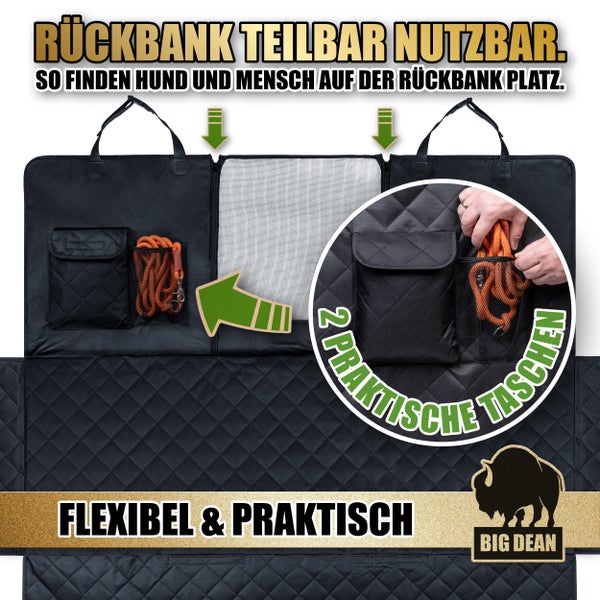 Autositzbezug für Hunde, teilbare Rückbank, flexible und praktische Taschen, Big Dean Logo