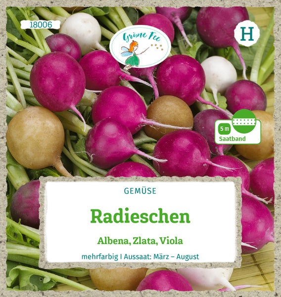 Radieschensamen Albena, Zlata, Viola, mehrfarbige Mischung als 5 Meter Saatband, Grüne Fee Logo.