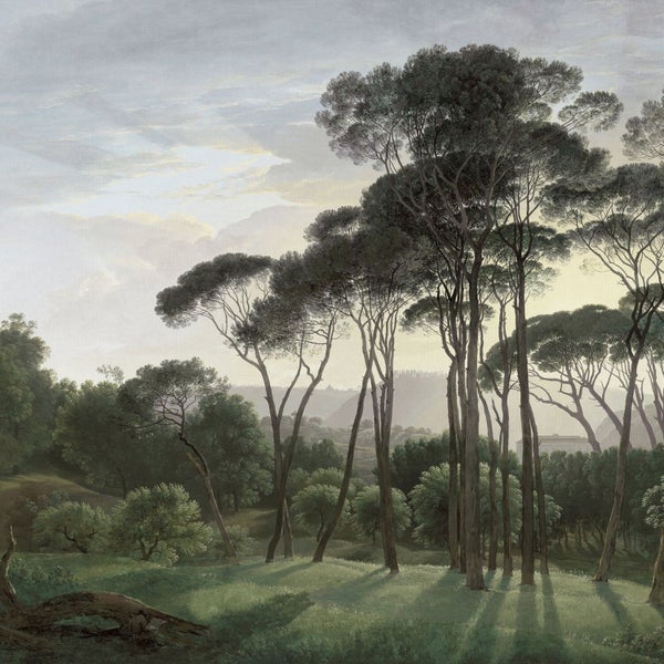 Gemälde einer Waldlandschaft mit hohen Bäumen und Wiese