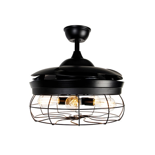 Industrieller Deckenventilator in Schwarz mit Metalldrahtkorb und integrierter Beleuchtung mit fünf Vintage-Leuchtmitteln.