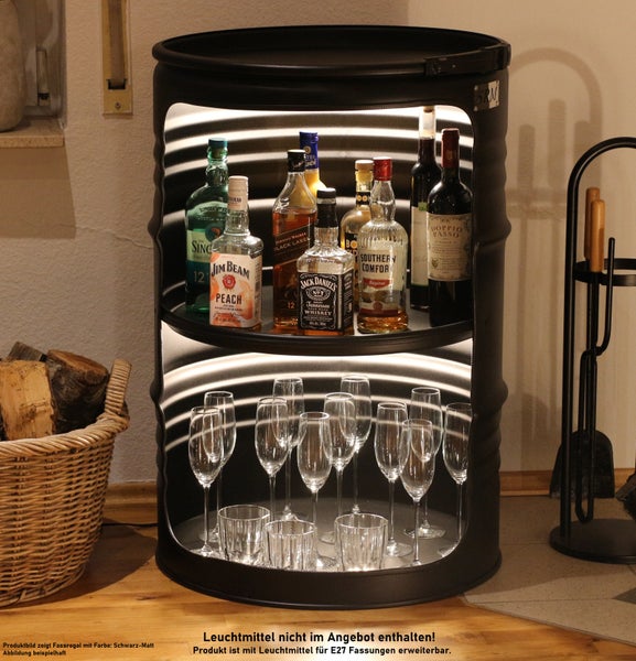 Fassregal als Bar mit LED Beleuchtung für Flaschen und Gläser aus Metall zur Aufbewahrung von Spirituosen und Gläsern in moderner Optik