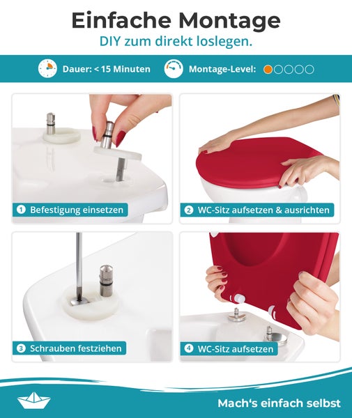 Calmwaters® Premium WC Sitz einfache Montage, Toilettendeckel bis 250 kg, Made in EU, antibakterieller Duroplast, Absenkautomatik, 2 Montage Optionen, abnehmbar, Klobrille, oval, Rot