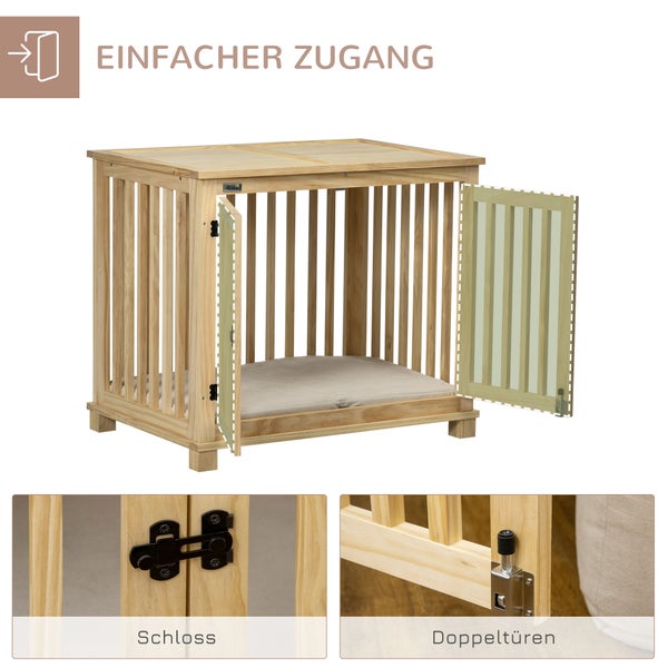 Pawhut Hundekäfig, Tierkäfig aus Holz, Haustierkäfig für mittelgroße Hunde, Hundehütte mit Kissen, Hundebox, Indoor, Naturholz+Cremeweiß, 82,5 x 57 x 72 cm