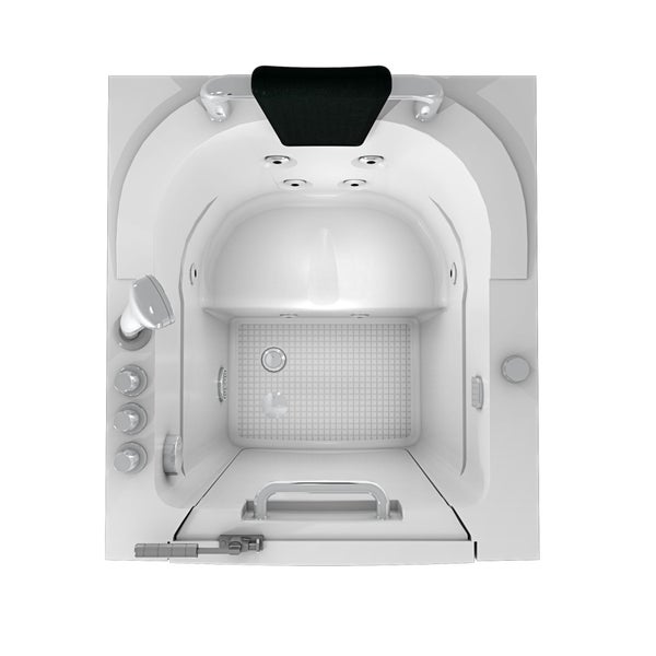 Detailansicht einer Badewanne mit Einstiegstür, Duschkopf und Kopfstütze