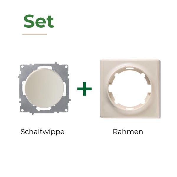 Set bestehend aus einer Schalttafelwippe mit Tragring und einem Abdeckrahmen für einen Lichtschalter.