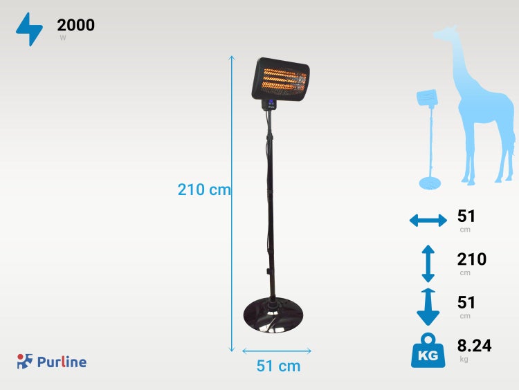 Purline Heizstrahler mit den Maßen 210 Zentimeter Höhe und 51 Zentimeter Breite, Leistung 2000 Watt, Gewicht 8,24 Kilogramm