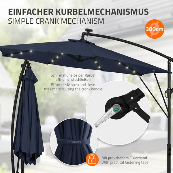 Ampelschirm mit einfachem Kurbelmechanismus, integrierter LED-Beleuchtung, praktischem Fixierband und einem Durchmesser von 300 Zentimetern.