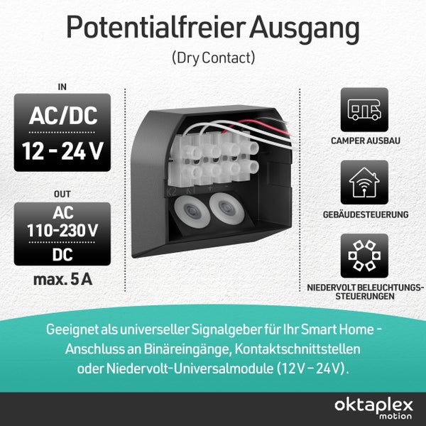 Oktaplex Motion Potentialfreier Ausgang Modul zur Smart Home Steuerung mit Anschlussdiagramm und Anwendungsbereichen für Niedervolt Systeme.