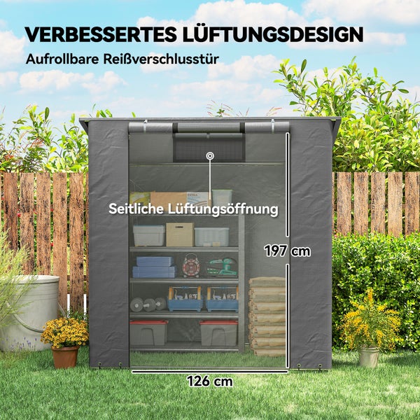 Graues Gerätehaus mit aufrollbarer Reißverschlusstür und seitlicher Belüftung. Abmessungen 197 Zentimeter Höhe und 126 Zentimeter Breite.