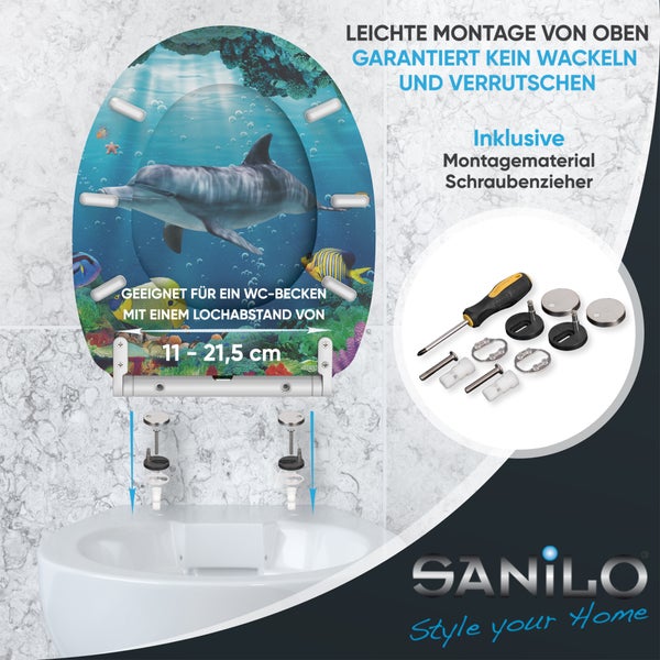 WC-Sitz mit Delphin-Motiv, Montage von oben, inklusive Montagematerial und Schraubendreher, für Lochabstand 11 bis 21,5 Zentimeter. SANILO Logo.