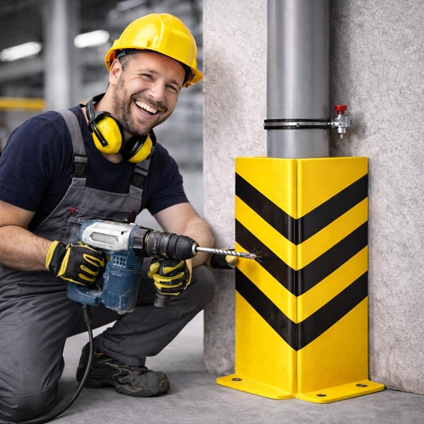 Bauarbeiter montiert einen gelb-schwarz gestreiften Eckschutz mit einer Bohrmaschine an einer Wand.