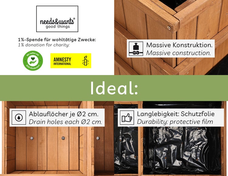 needs&wants® Multi Hochbeet mit 4 Pflanzkästen quadratisch aus Holz für Garten Balkon Terrasse, 4er Pflanzbeet Blumenbeet niedrig mit Folie, 81 x 81 x 61 cm, braun