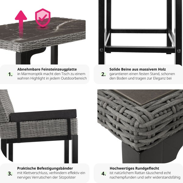 Rattan Tisch Kutina mit 2 Stühlen Latina tectake  Beine aus Holz mit Aluminiumgestellen grau