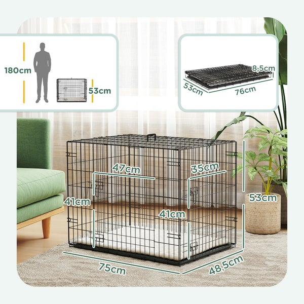 Schwarze Metall-Hundebox, 75 mal 48,5 mal 53 Zentimeter. Abbildungen zeigen Türgrößen und Maße im zusammengeklappten Zustand.