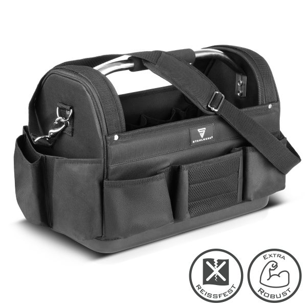 Stahlwerk Werkzeugtasche offen mit Tragegurt, strapazierfähig und robust für die Werkzeugaufbewahrung mit mehreren Außentaschen.