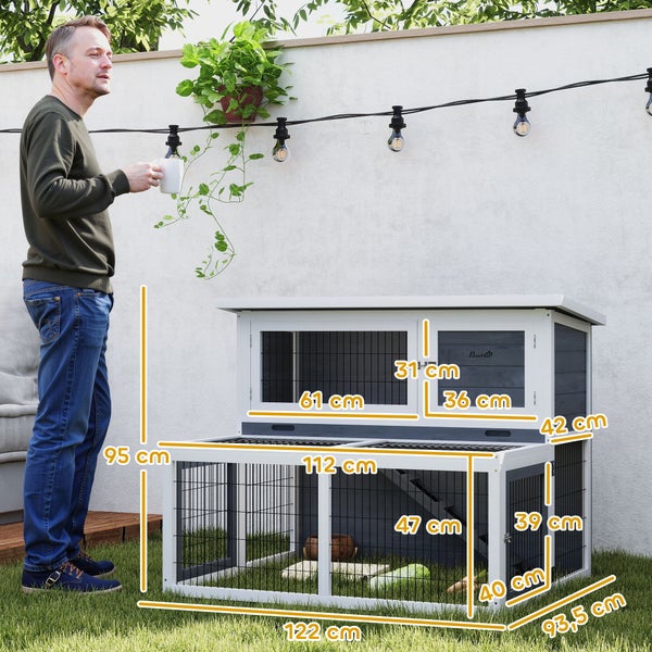 PawHut Hasenstall 2 Ebenen mit klappbar Dach Kaninchenstall aus Vollholz Winterfest Doppelstockhaus mit Freilaufgehege 122x95x93,5 cm Kaninchenkäfig Outdoor Kleintierstall für Hasen Kaninchen Grau