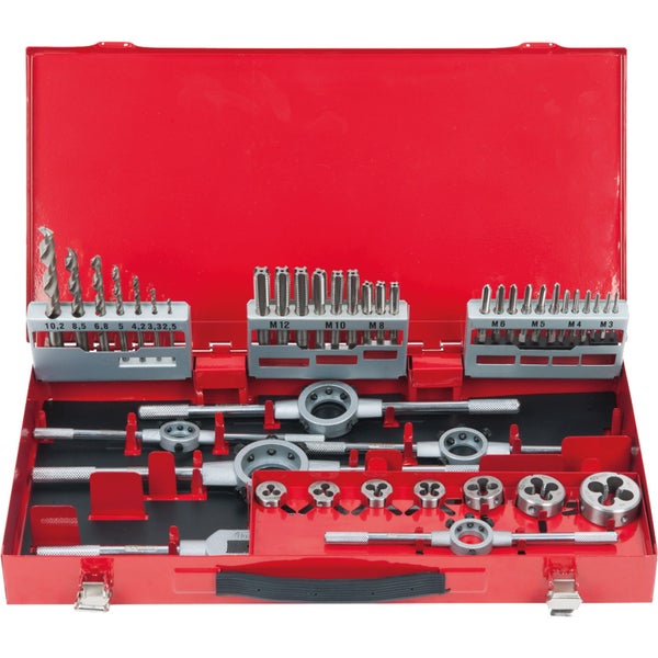 Bohrer und Gewindeschneider Set in rotem Metallkoffer