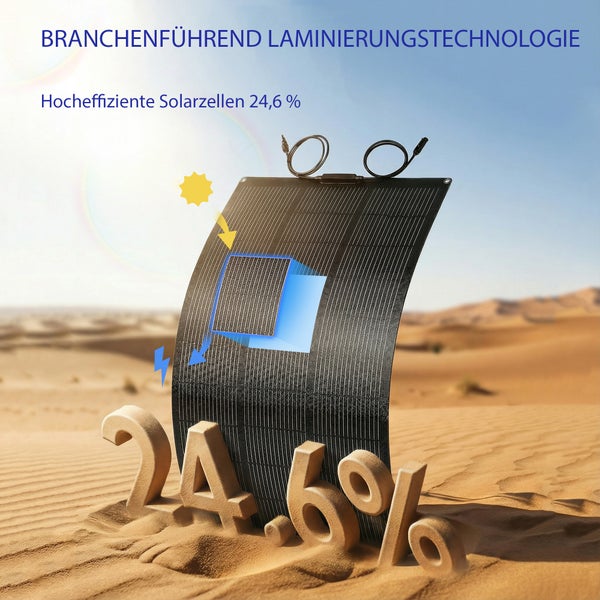 Flexibles Solarmodul mit hocheffizienten Solarzellen von 24,6 Prozent und moderner Laminierungstechnologie in einer Wüstenlandschaft.