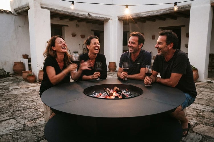 Vier Personen sitzen lachend um einen runden Gartengrill mit integrierter Feuerstelle auf einer Terrasse mit Lichterkette.