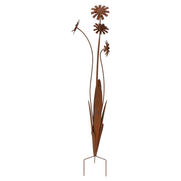 Gartenstecker Blume aus Metall in Edelrost-Optik, dekorative Gartenfigur mit vier Blütenköpfen und zwei Erdspießen.