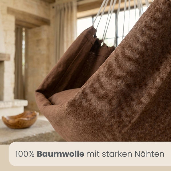 Nahaufnahme eines Hängesessels aus einhundert Prozent Baumwolle mit robusten Nähten.