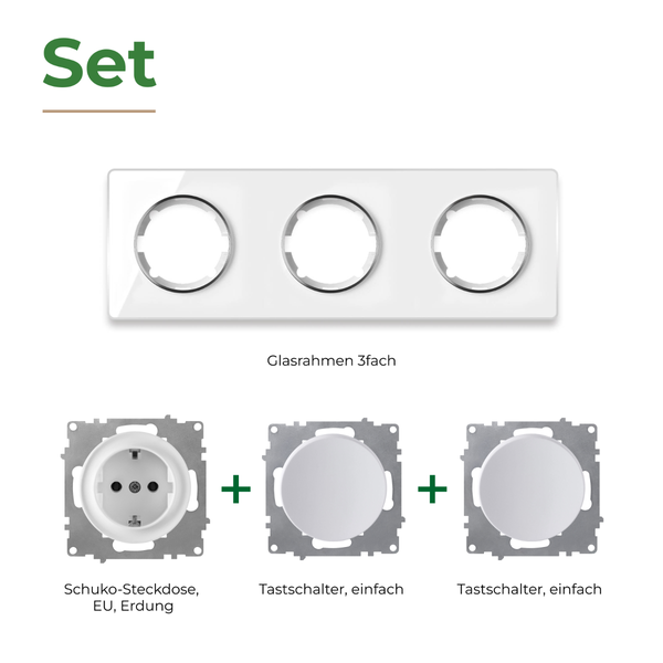 Set bestehend aus dreifachem Glasrahmen, einer Schuko Steckdose und zwei einfachen Tastschaltern zur Unterputzmontage