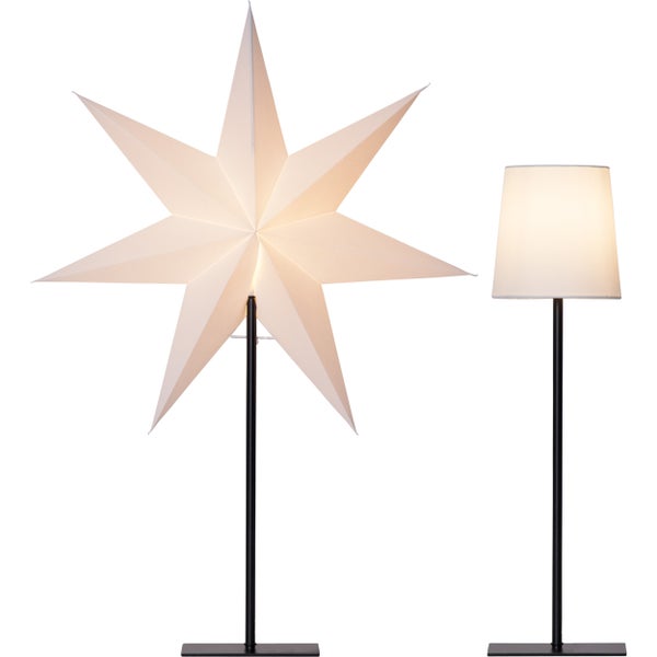 Sternlampe mit Papierstern und schwarzem Metallfuß