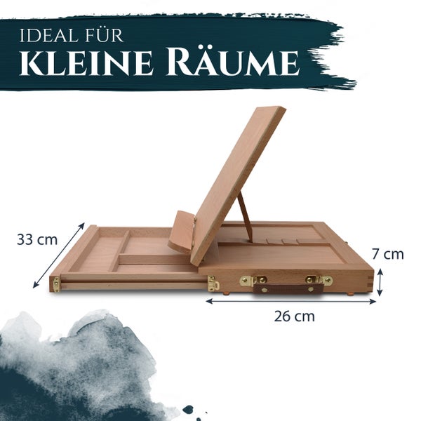 Tischstaffelei aus Holz mit Kofferfunktion, ideal für kleine Räume, Maße 33 Zentimeter mal 26 Zentimeter mal 7 Zentimeter.