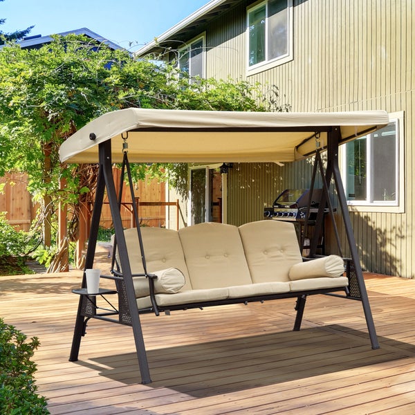 Outsunny 3-Sitzer Hollywoodschaukel Gartenschaukel mit Sonnendach Kissen Metall Polyester Beige+Braun 121 x 208 x 172 cm