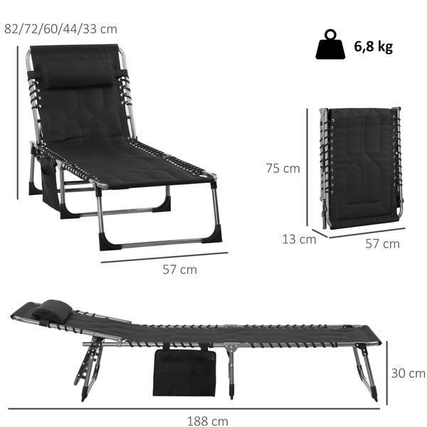 Schwarze faltbare Gartenliege mit Kopfkissen, Seitentasche und Maßen: Länge 188 Zentimeter, Breite 57 Zentimeter, Gewicht 6,8 Kilogramm.