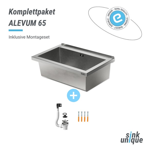 Edelstahl-Waschbecken ALEVUM 65 Set mit Montageset, Ablaufgarnitur und Befestigungsmaterial. Siegel für robuste Qualität. sink unique Logo.