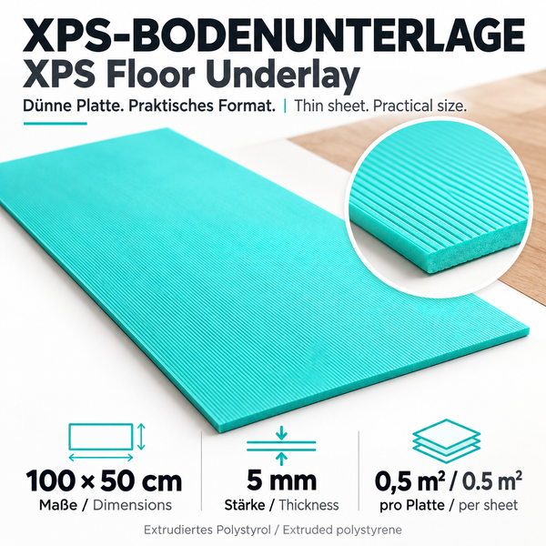 XPS Bodenunterlage aus extrudiertem Polystyrol im Format 100 mal 50 Zentimeter und 5 Millimeter Stärke zur Trittschalldämmung.
